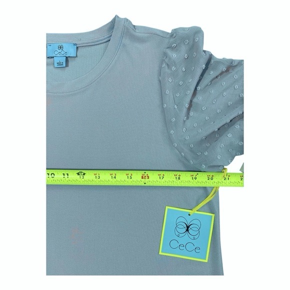 CeCe Ruffled Knit Shift Dress Women's L Rich Baby Blue Mock Neck Short Sleeve - Picture 2 of 3